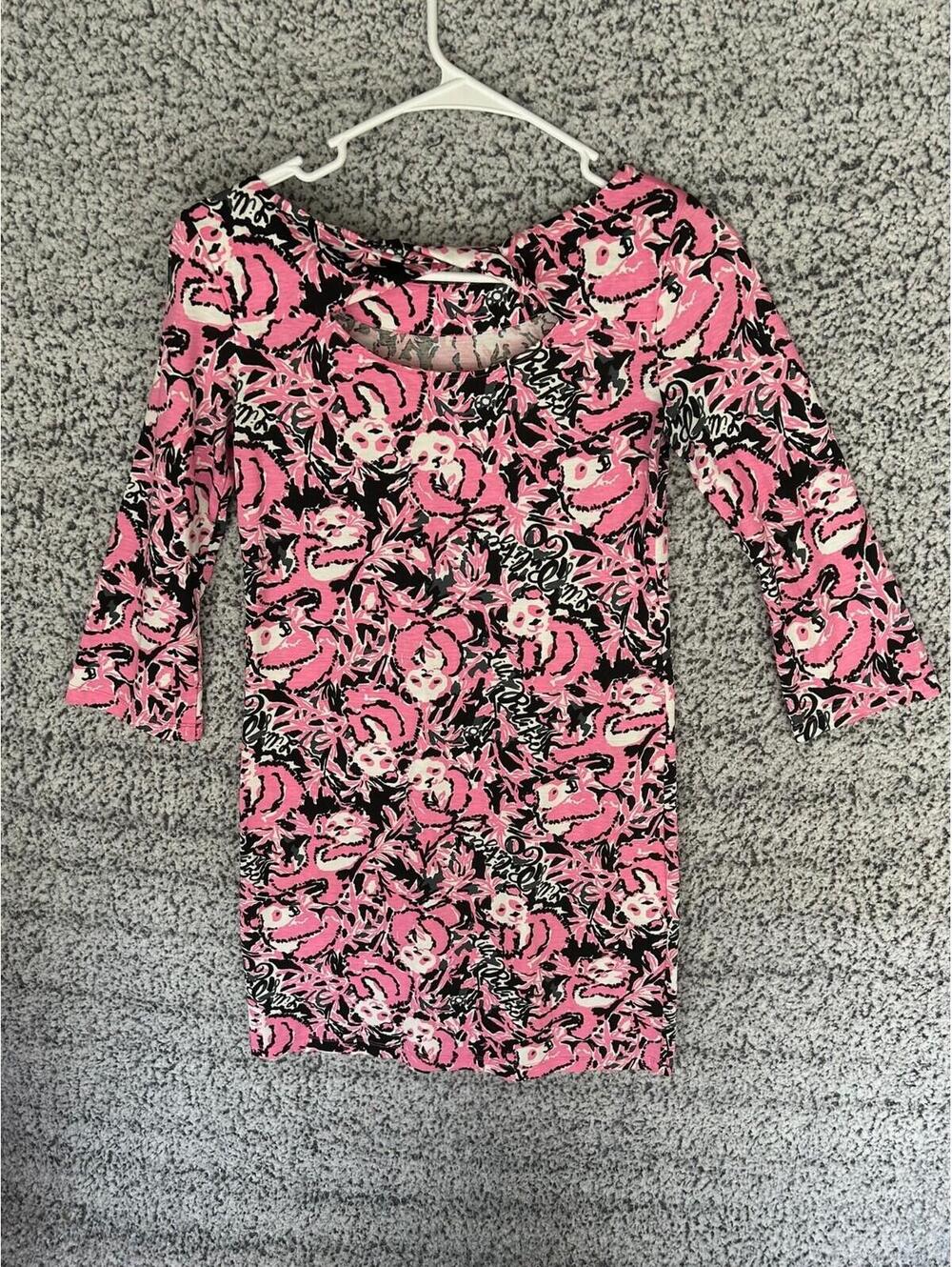 Lilly Pulitzer Bay Dress Hibiscus Pink Hangin w/ My Boo Pima Cotton Shift Sz XXS
